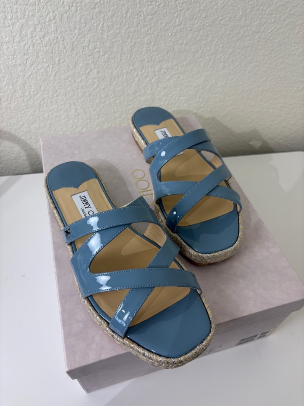 Jimmy Choo Sky Blue Patent Leather Crisscross Espadrille Slide Sandals 38